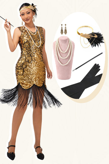 Sparkly preto dourado bodycon franjado vestido 1920s com 5 peças conjunto de acessórios